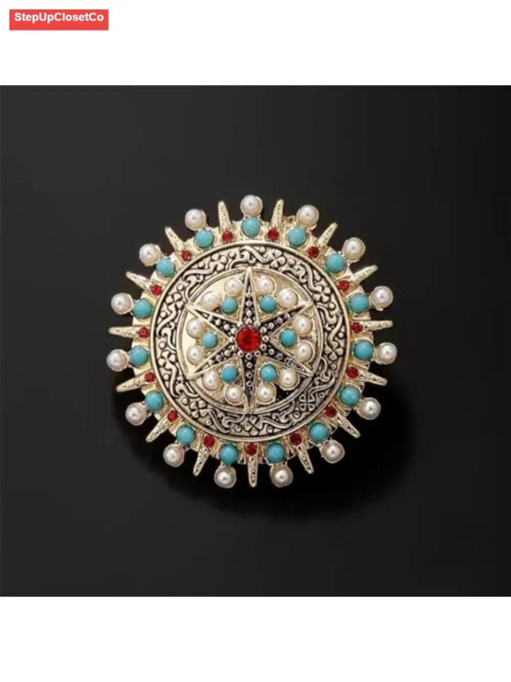 Vintage CZ Crystal Star Disc Brooch Pin Alloy Turquoise Pearl Sweater Scarf